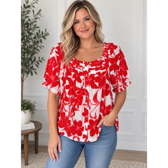 Rose + Olive Tops - Rose + Olive Women's Red White Floral Top Short Sleeve Plus Size 1X New NWT